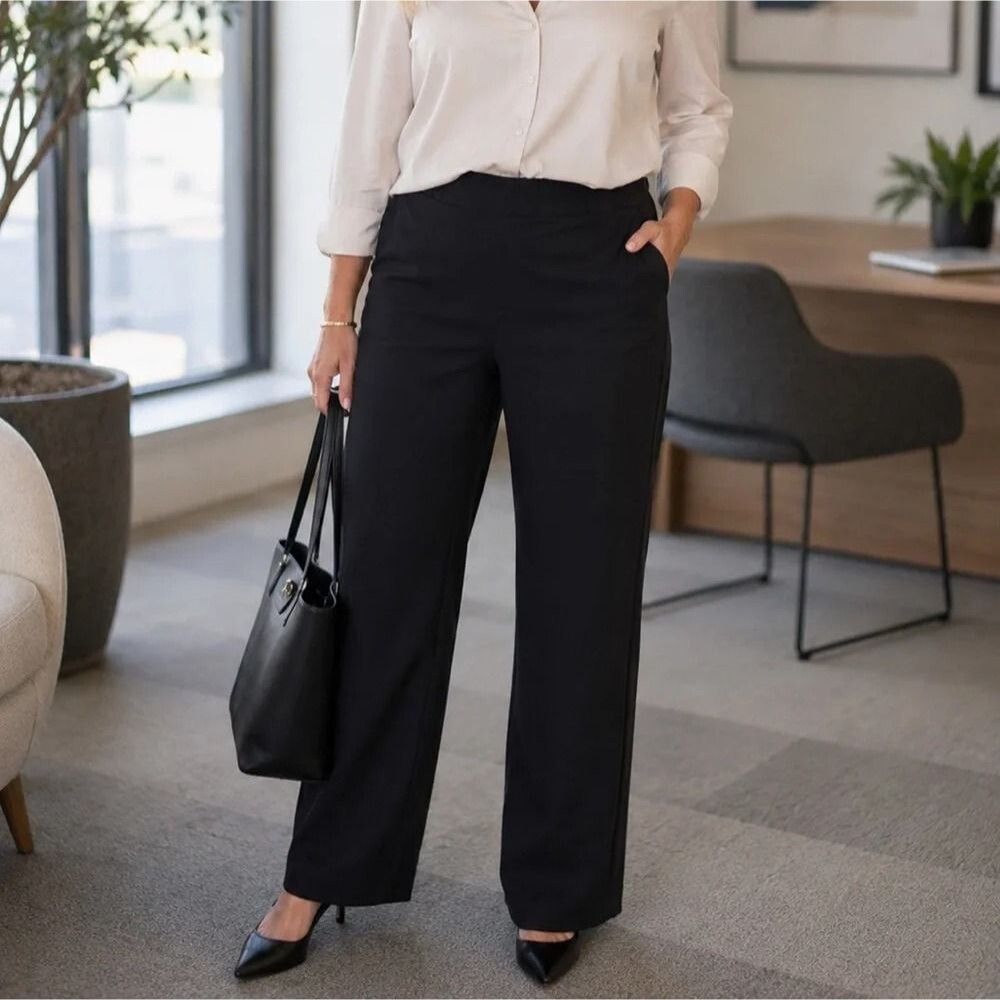 Spanx Black Cropped Wide Leg Workwear Dress Pants Sz LG Long Soft Stretch Office
